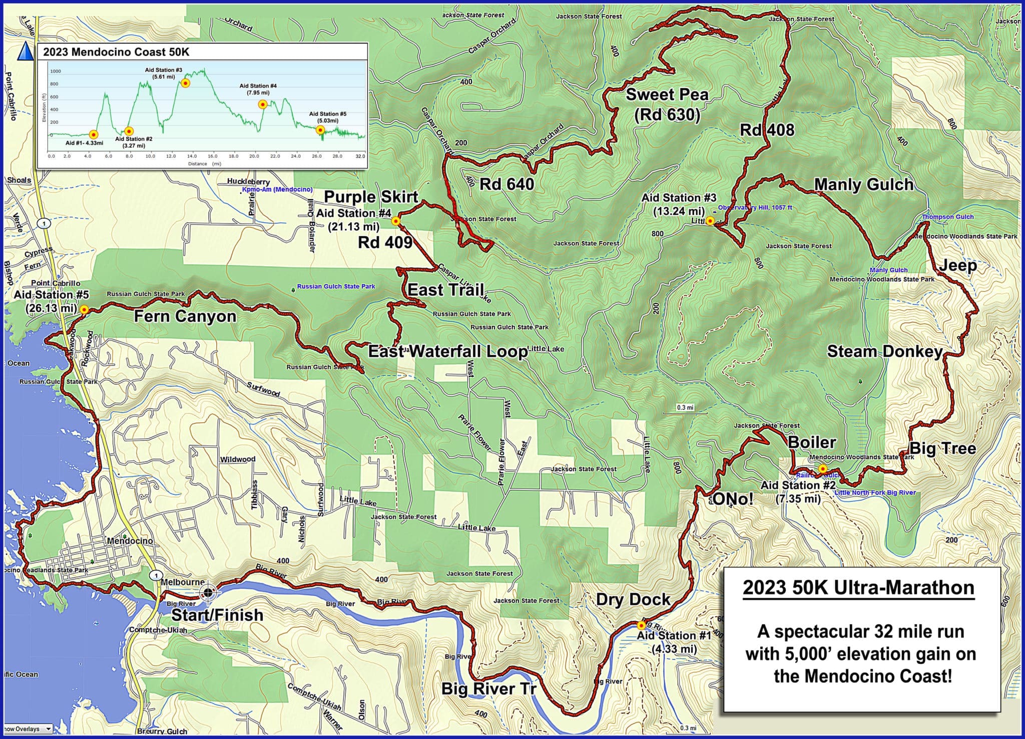 Course for Mendocino Coast 50K, Ultra Trail Run, Northern California